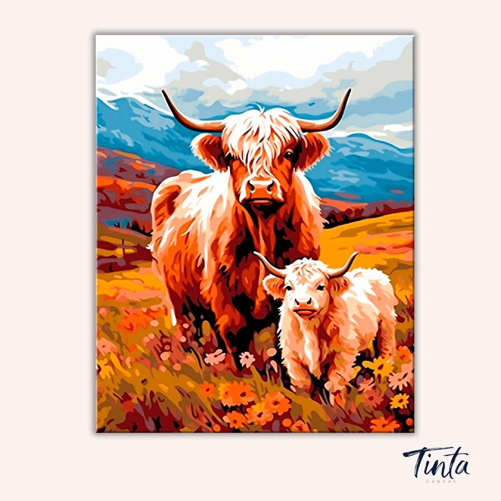 Clean artwork of Highland Duo paint by numbers kit showing cow and calf with mountain backdrop by Tinta Canvas