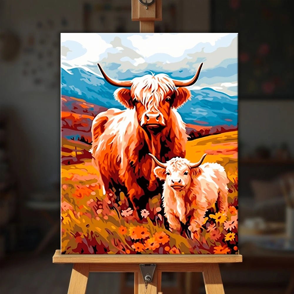 Highland Duo paint by numbers kit displayed on easel in cozy home setting with vibrant countryside scene by Tinta Canvas