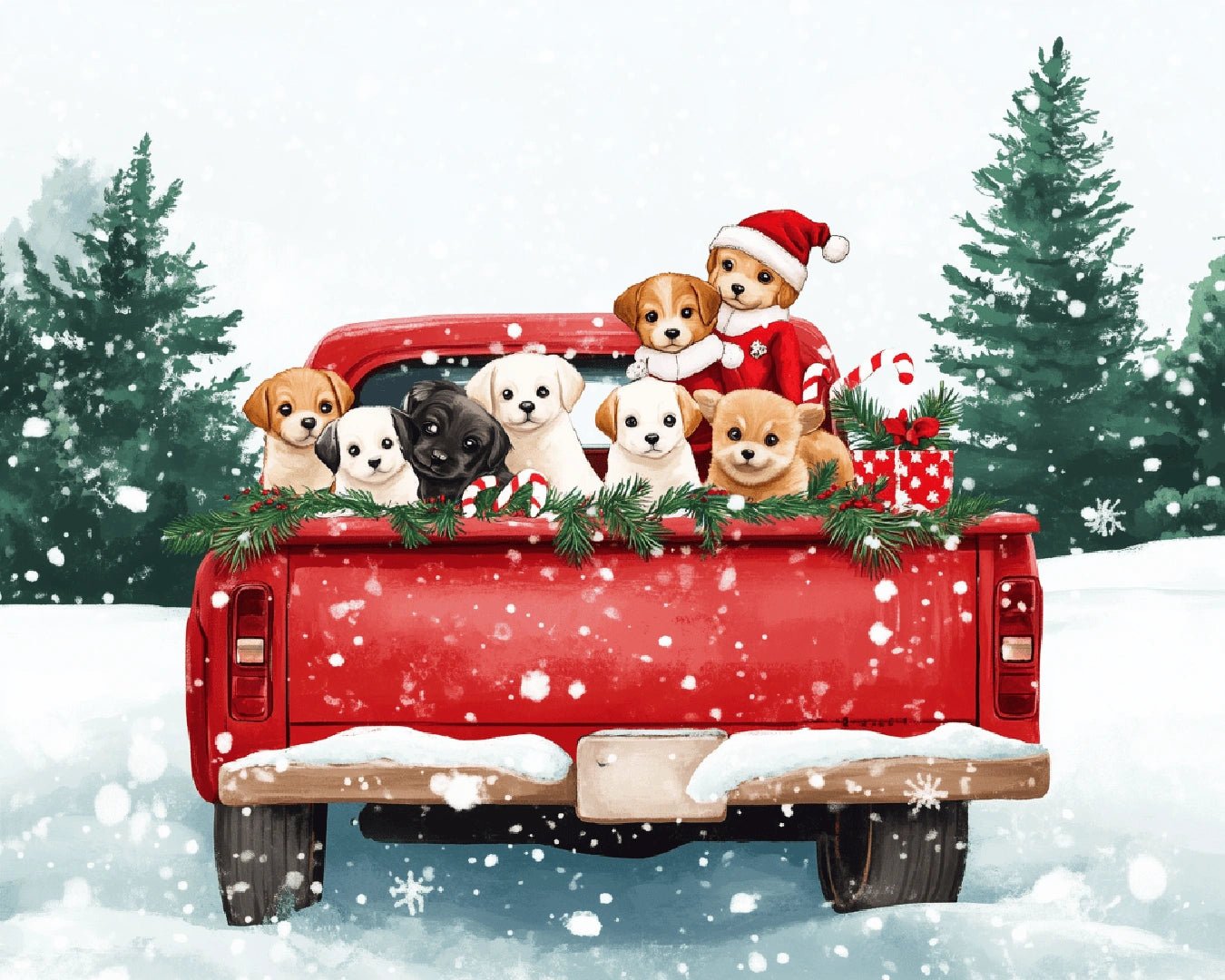 Canvas holiday puppy paint by numbers kit for adults featuring playful dogs in a snowy festive pickup truck scene by Tinta Canvas