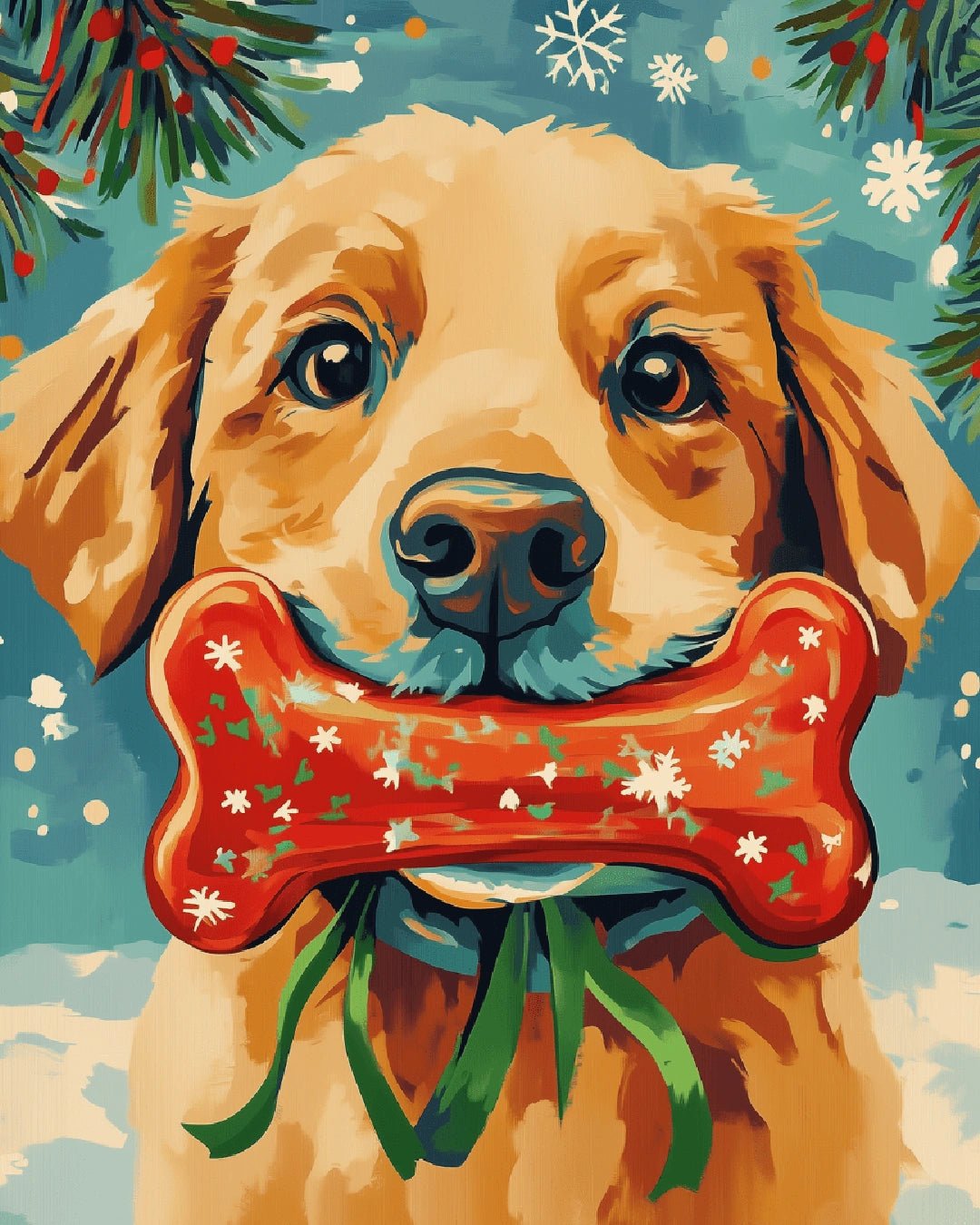 Canvas holiday puppy paint by numbers kit for adults showing a playful winter dog scene with festive colors by Tinta Canvas