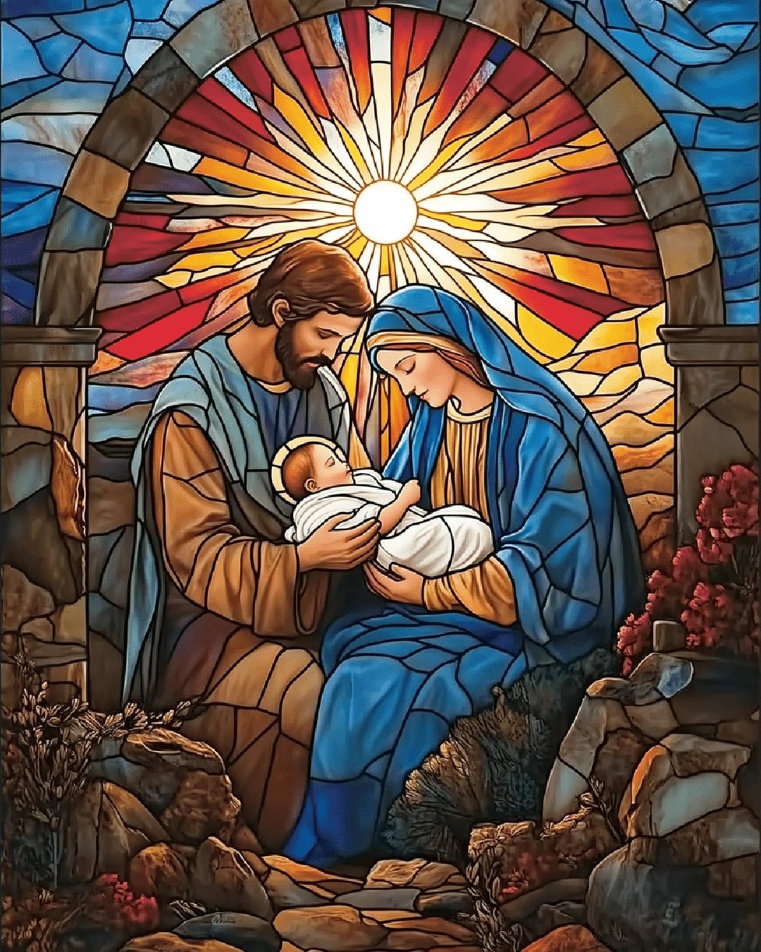 Paint by numbers canvas showing the Holy Family in a peaceful nativity scene with warm colors and stained glass light