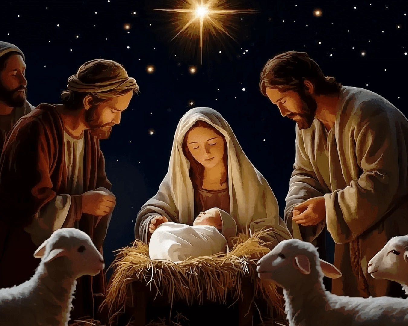 Paint by numbers canvas showing a peaceful Nativity scene beneath a starry night sky with soft golden light