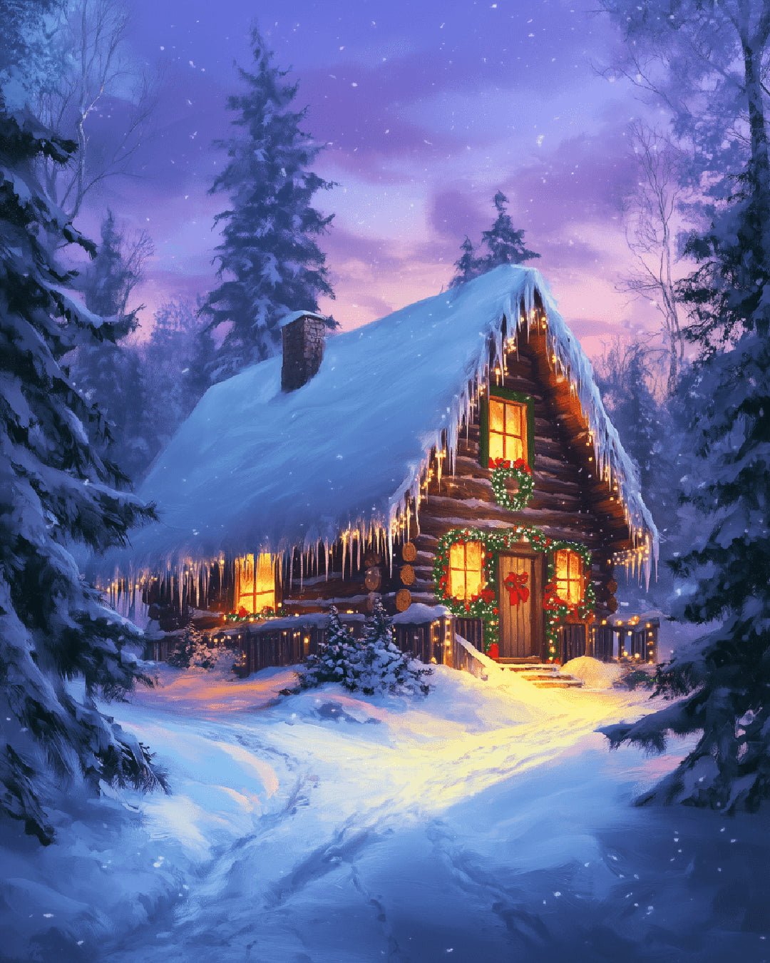 Home for the Holidays paint by numbers kit featuring a snow-covered cabin glowing at night