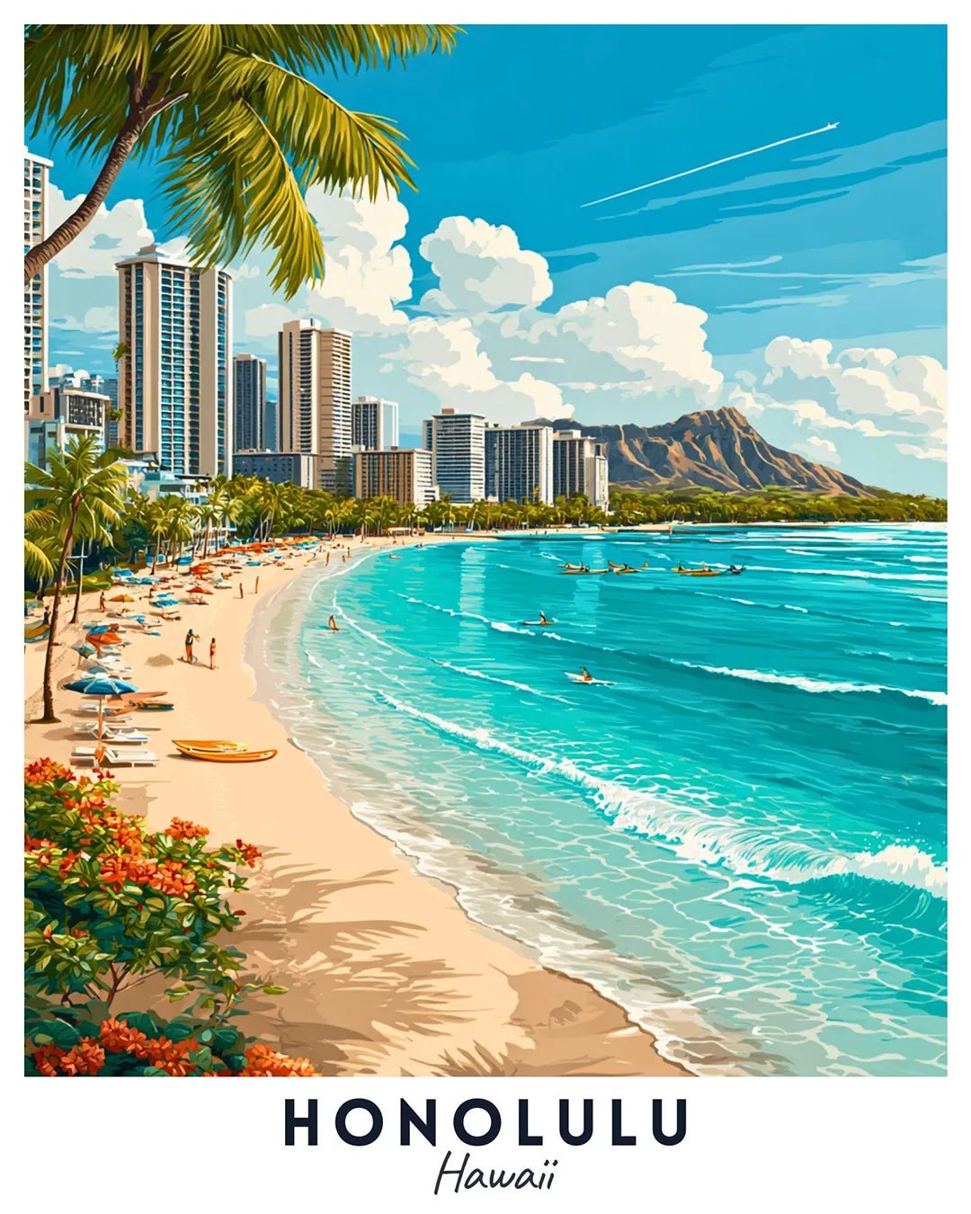Honolulu Hawaii Travel Poster Paint by Numbers Kit featuring a tropical beach, palm-lined shore, clear blue water, skyline buildings, and Diamond Head