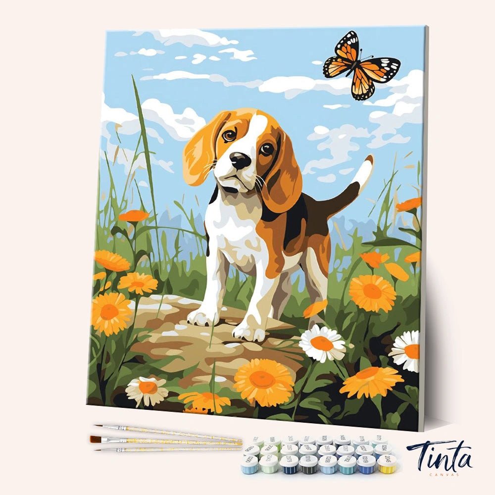 Hues of Beagle Bliss paint by numbers kit angled view showing playful beagle with flowers and butterfly