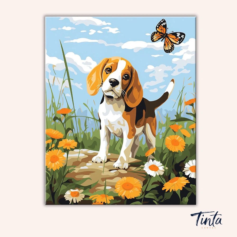 Clean artwork of Hues of Beagle Bliss paint by numbers kit featuring beagle puppy in colorful meadow