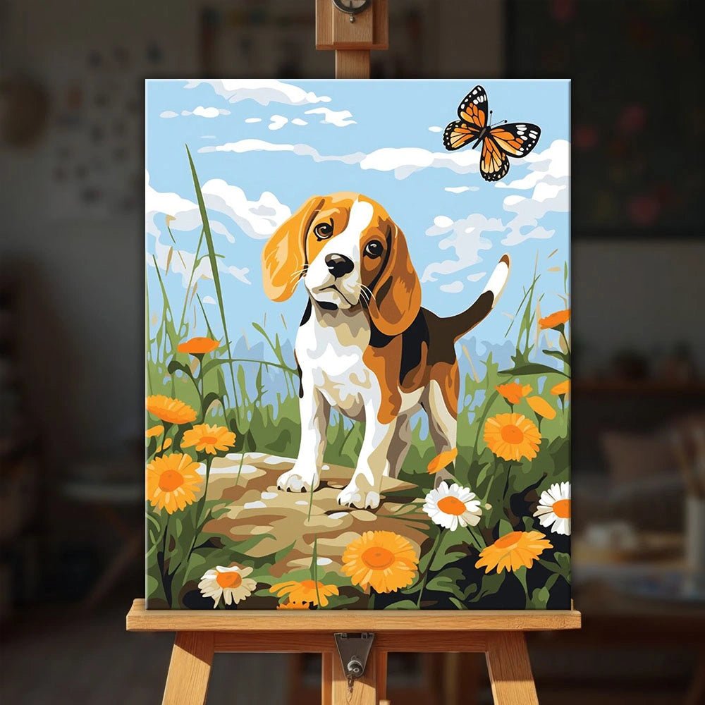 Hues of Beagle Bliss paint by numbers kit displayed on easel with bright floral scene and happy dog