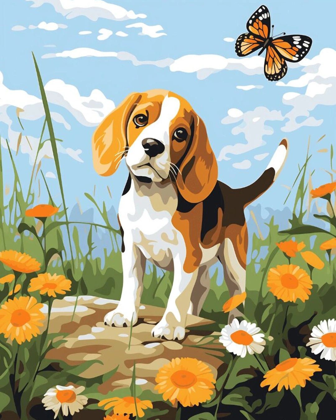 Raw landscape of Hues of Beagle Bliss paint by numbers kit showing beagle, wildflowers, and butterfly by Tinta Canvas