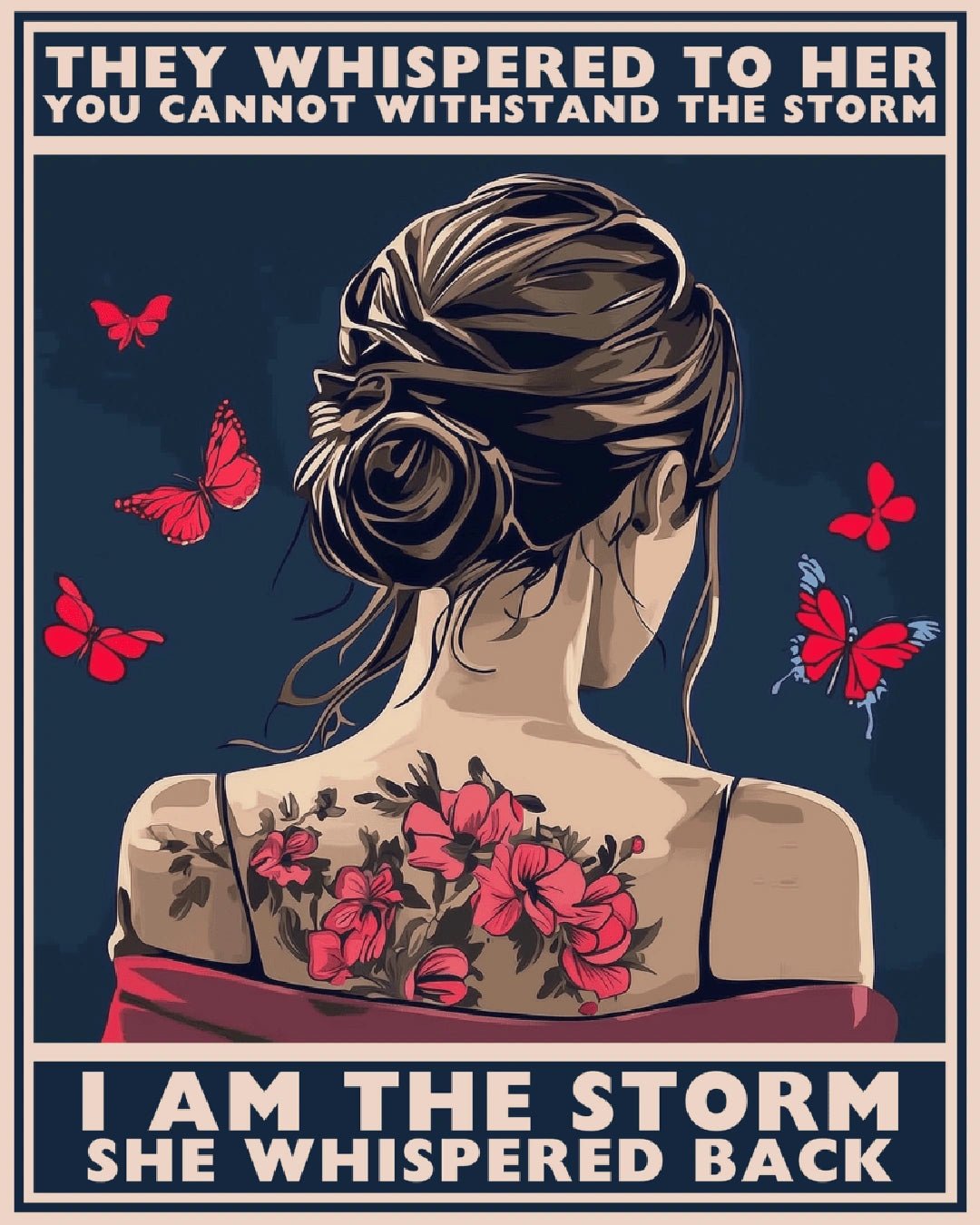 Paint by numbers canvas showing a woman with floral back tattoo and butterflies with empowering quote