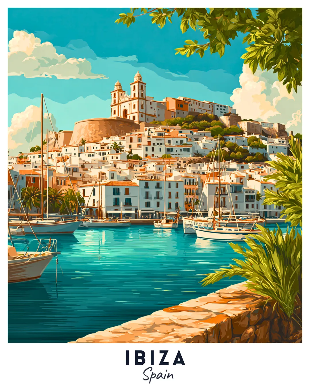 Ibiza Spain travel poster paint by numbers kit featuring a Mediterranean marina, sailboats, white coastal architecture, and bright blue sea