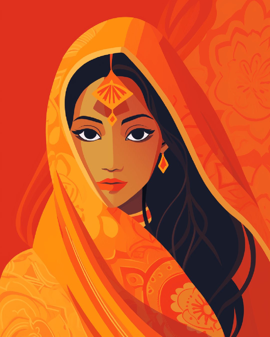 Inner Radiance paint by numbers kit showing an elegant feminine portrait with traditional patterns and warm colors