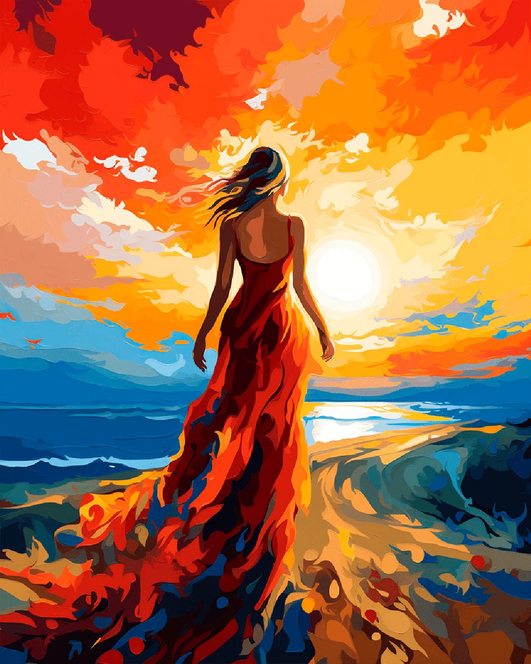 Into the Light paint by numbers kit showing a flowing dress, ocean shoreline, and vibrant sunset sky