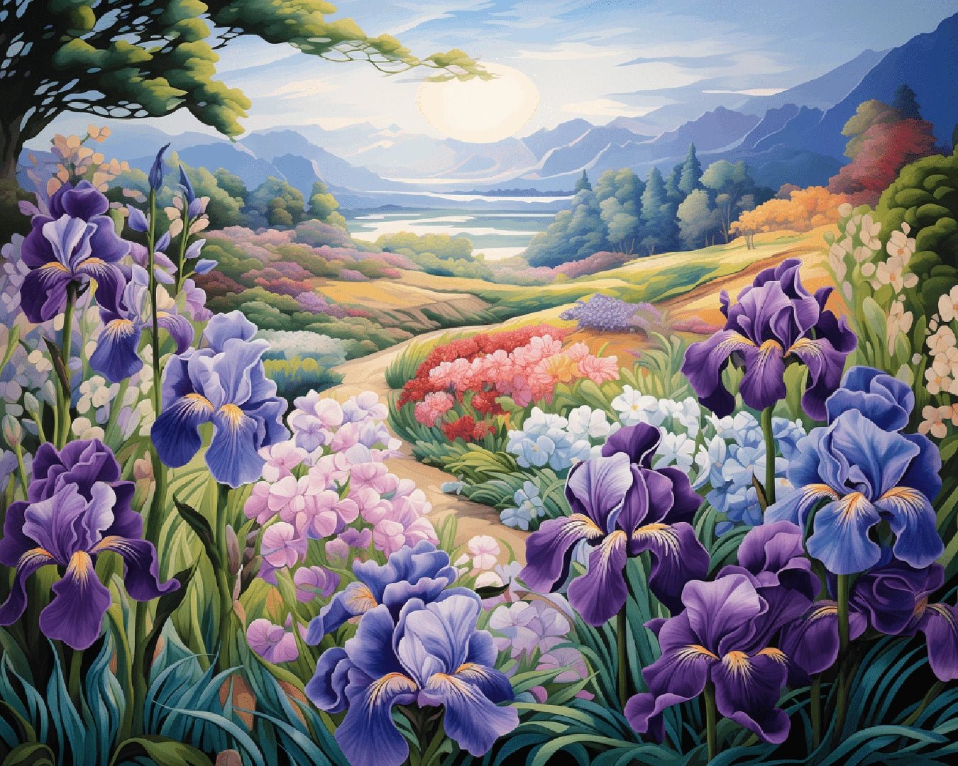 Paint by numbers canvas featuring purple iris flowers with rolling hills and mountains in the background