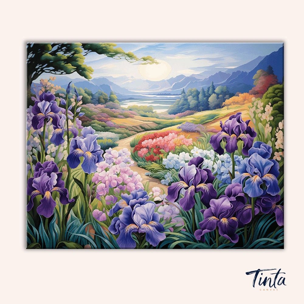Clean artwork of Iris Meadow Awakening paint by numbers kit showing blooming purple irises and sunlit mountain valley by Tinta Canvas