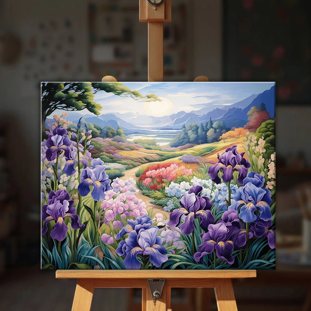 Raw image of Iris Meadow Awakening paint by numbers kit highlighting blooming irises, winding path, and distant mountains by Tinta Canvas