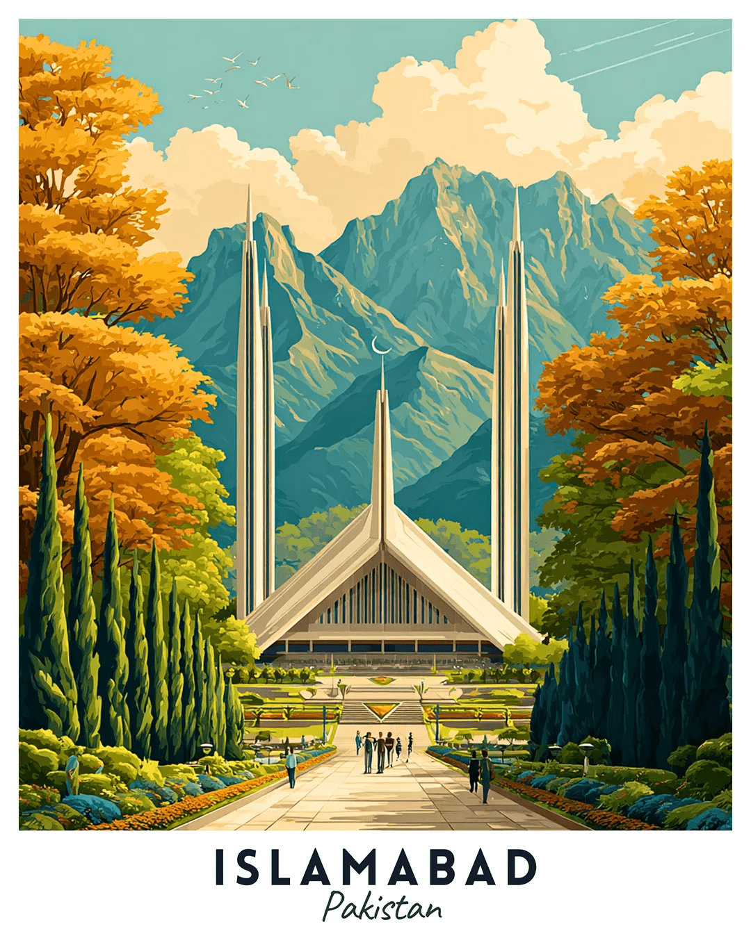 Islamabad Pakistan travel poster paint by numbers kit showing Faisal Mosque, tree-lined pathways, and green mountain scenery