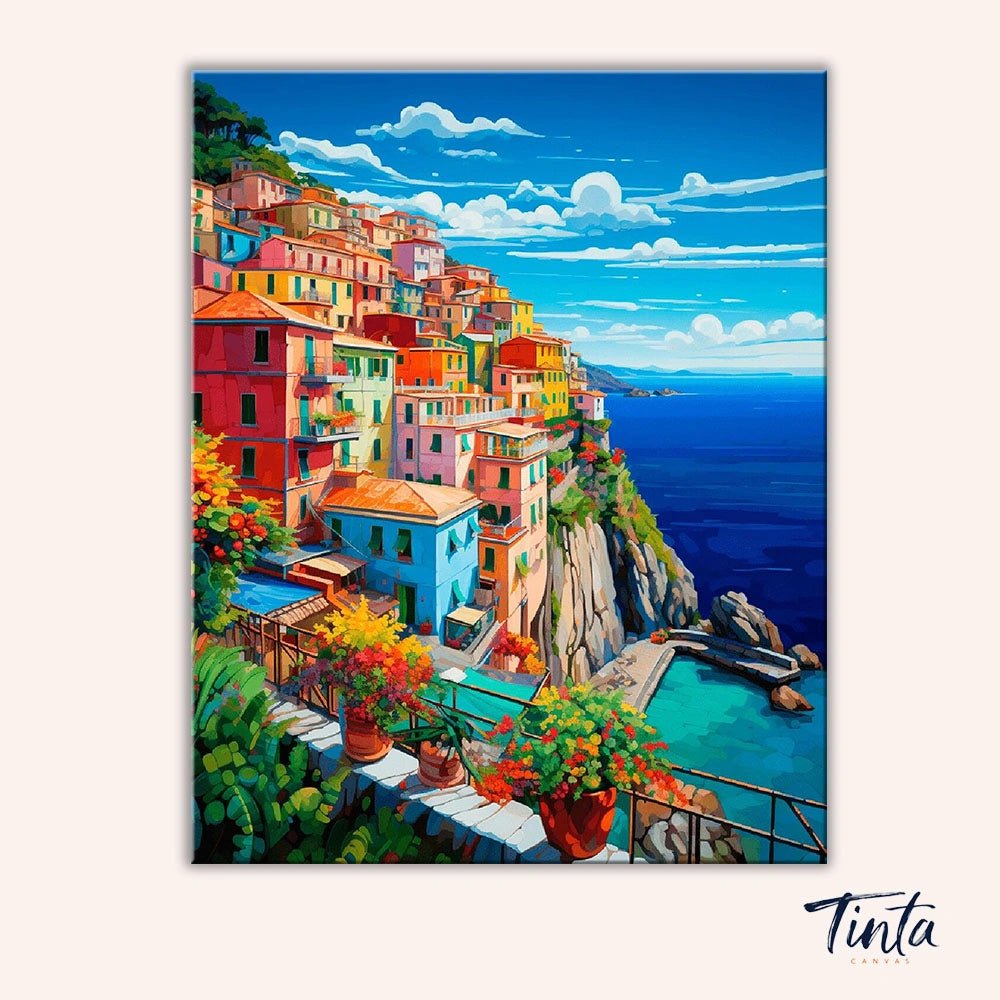Clean artwork of the Italian Coast paint by numbers kit featuring vibrant cliffside houses overlooking the blue Mediterranean sea by Tinta Canvas