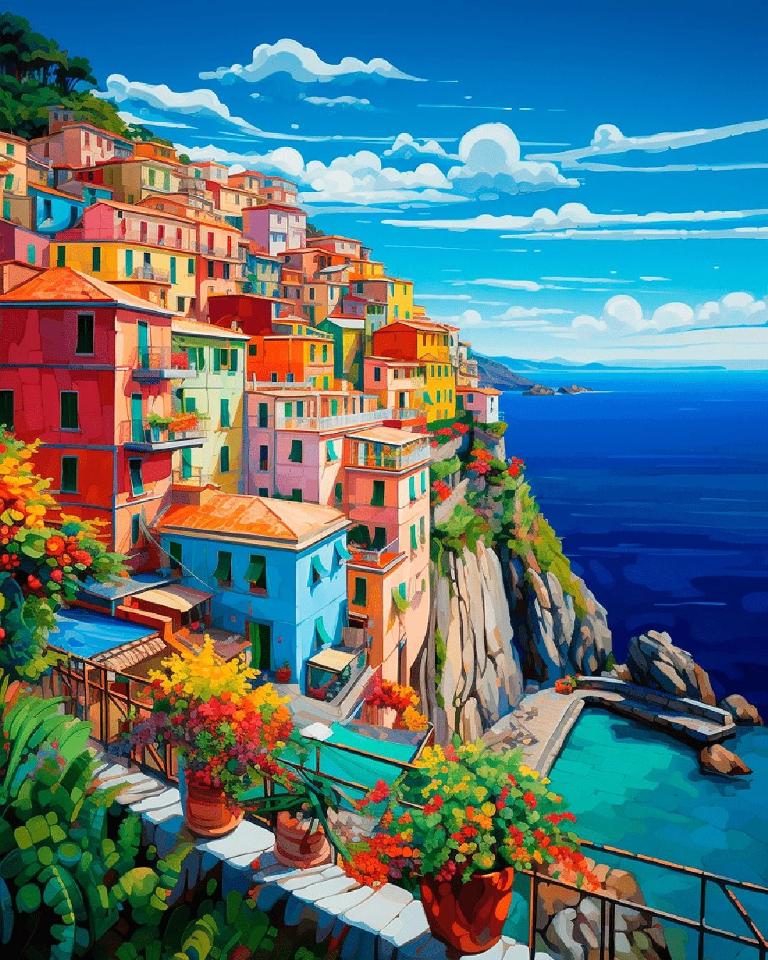 Paint by numbers kit for adults showing an Italian coastal village painting with colorful houses and blue sea