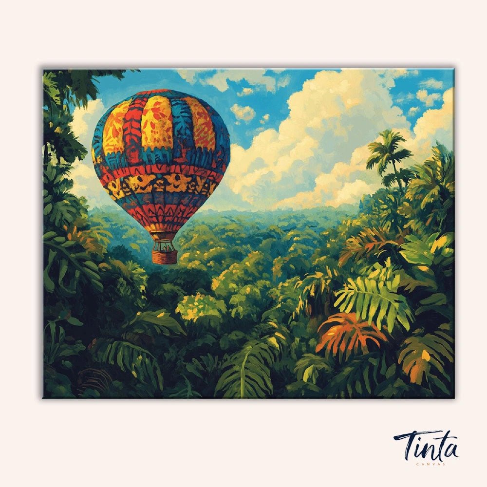 Clean artwork of Jungle Drift Balloon paint by numbers kit featuring vibrant balloon floating over tropical forest by Tinta Canvas