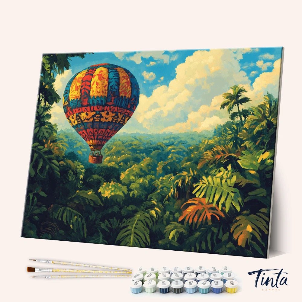 Angled view of Jungle Drift Balloon paint by numbers kit showing colorful hot air balloon above lush jungle canopy by Tinta Canvas
