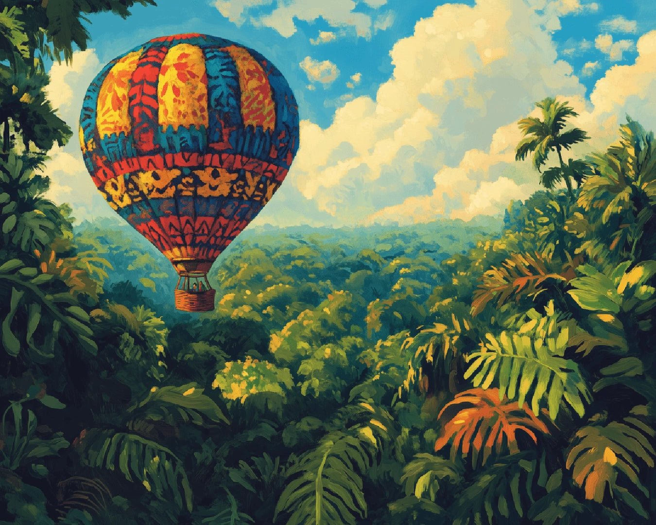 Raw image of Jungle Drift Balloon paint by numbers kit highlighting detailed foliage and patterned balloon design by Tinta Canvas