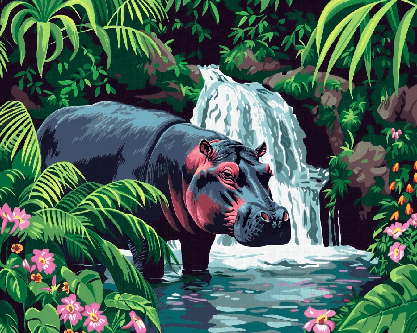 Paint by numbers kit canvas showing a hippo surrounded by tropical leaves, flowers, and flowing water