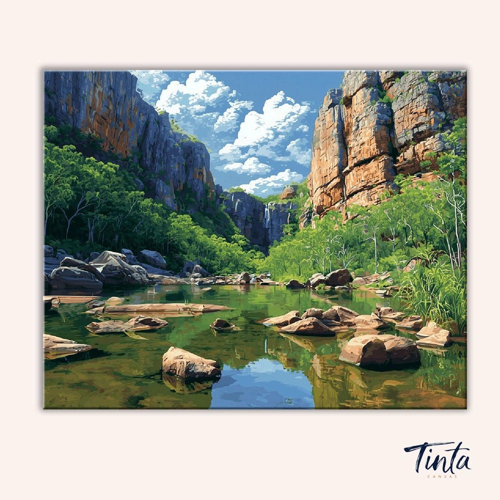 Clean artwork of Kakadu National Park paint by numbers kit featuring towering canyon walls and reflective water by Tinta Canvas