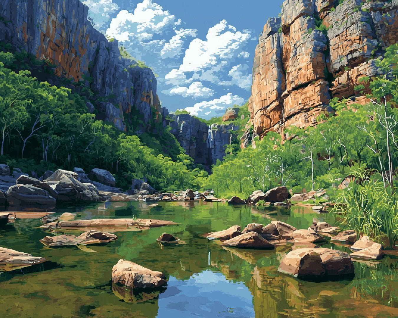 Raw image of Kakadu National Park paint by numbers kit highlighting river stones, cliffs, and bright blue sky by Tinta Canvas