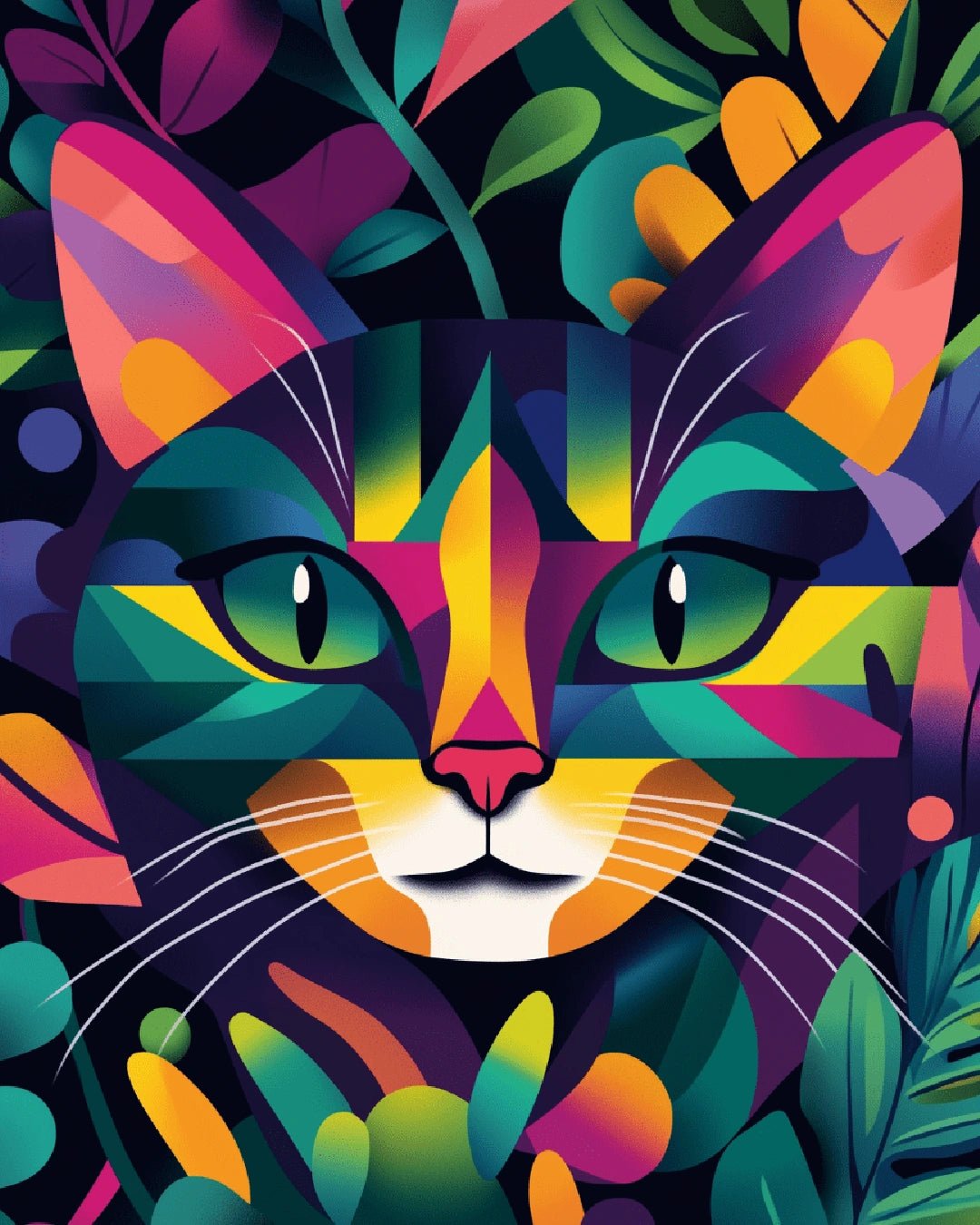 Canvas cat paint by numbers kit for adults showcasing a vibrant geometric animal portrait with bold colors by Tinta Canvas