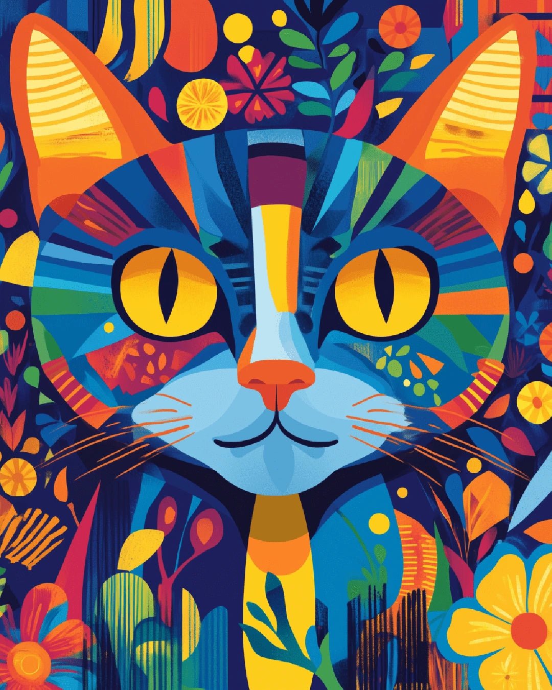 Paint by numbers canvas featuring a vibrant cat portrait with geometric shapes and floral details