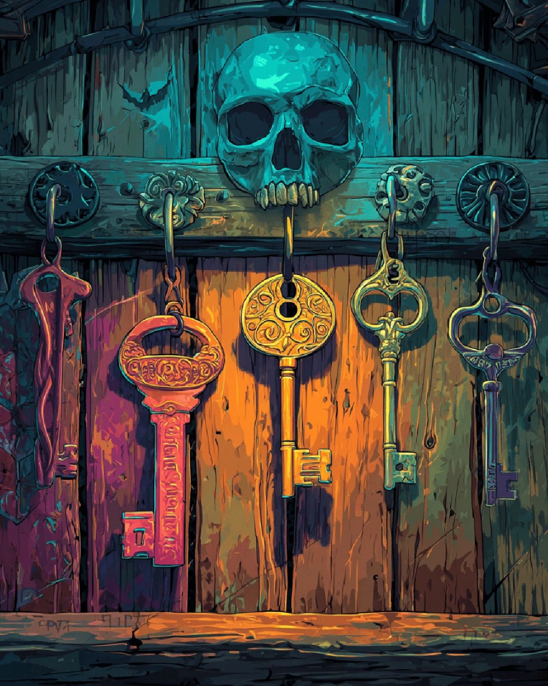 Keykeeper paint by numbers canvas showing vintage keys hanging beneath a skull on a rustic wood surface
