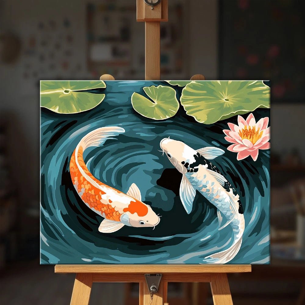 Koi Harmony paint by numbers kit displayed on easel highlighting koi fish circling in tranquil water by Tinta Canvas