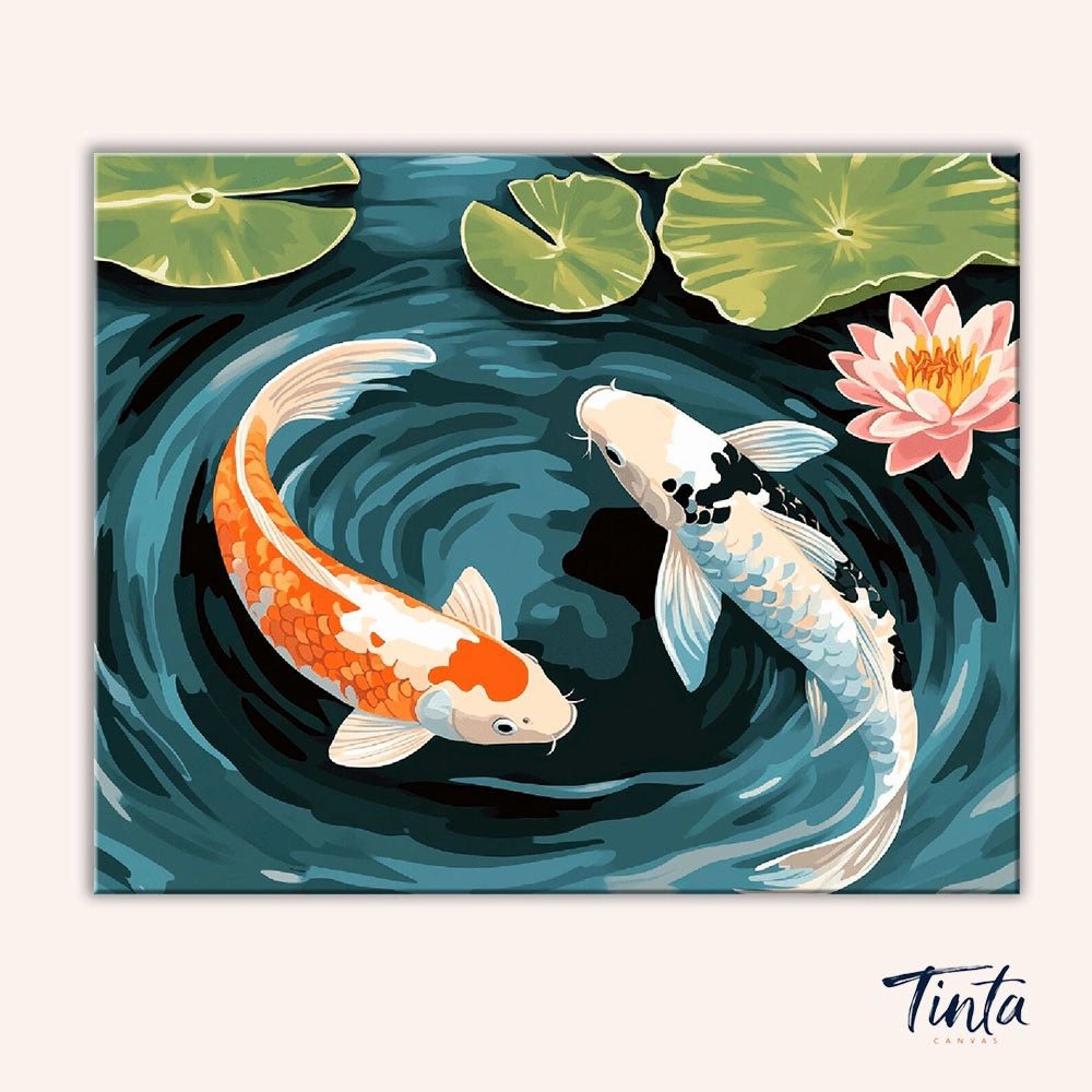 Clean artwork of Koi Harmony paint by numbers kit showing orange and white koi fish with lily pads and lotus flower by Tinta Canvas
