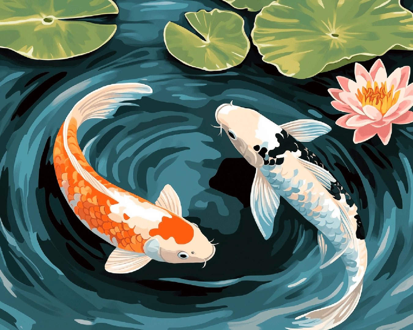 Raw image of Koi Harmony paint by numbers kit showing detailed koi fish, rippling water, lily pads and pink lotus by Tinta Canvas