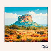Clean artwork of Kruger National Park paint by numbers kit featuring sunlit African savanna with towering mesa and blue sky by Tinta Canvas
