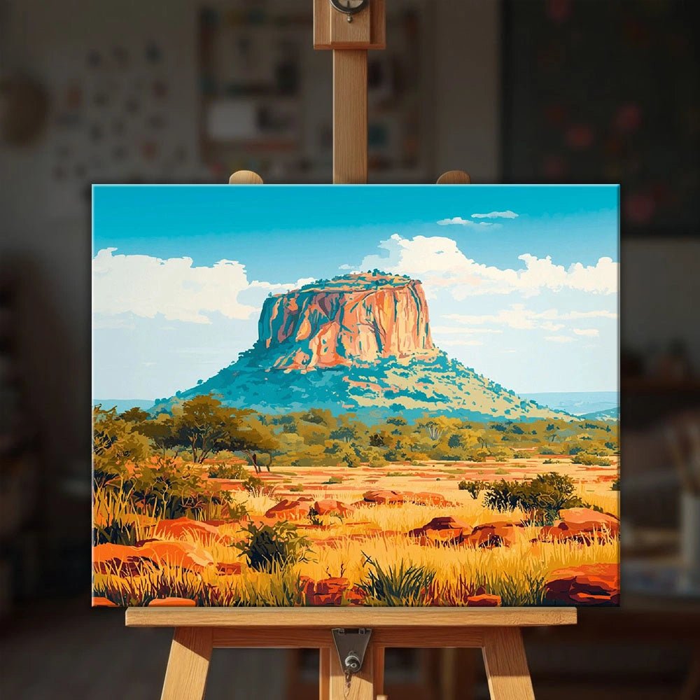 Kruger National Park paint by numbers kit displayed on easel highlighting dramatic mesa and warm savanna grasslands by Tinta Canvas