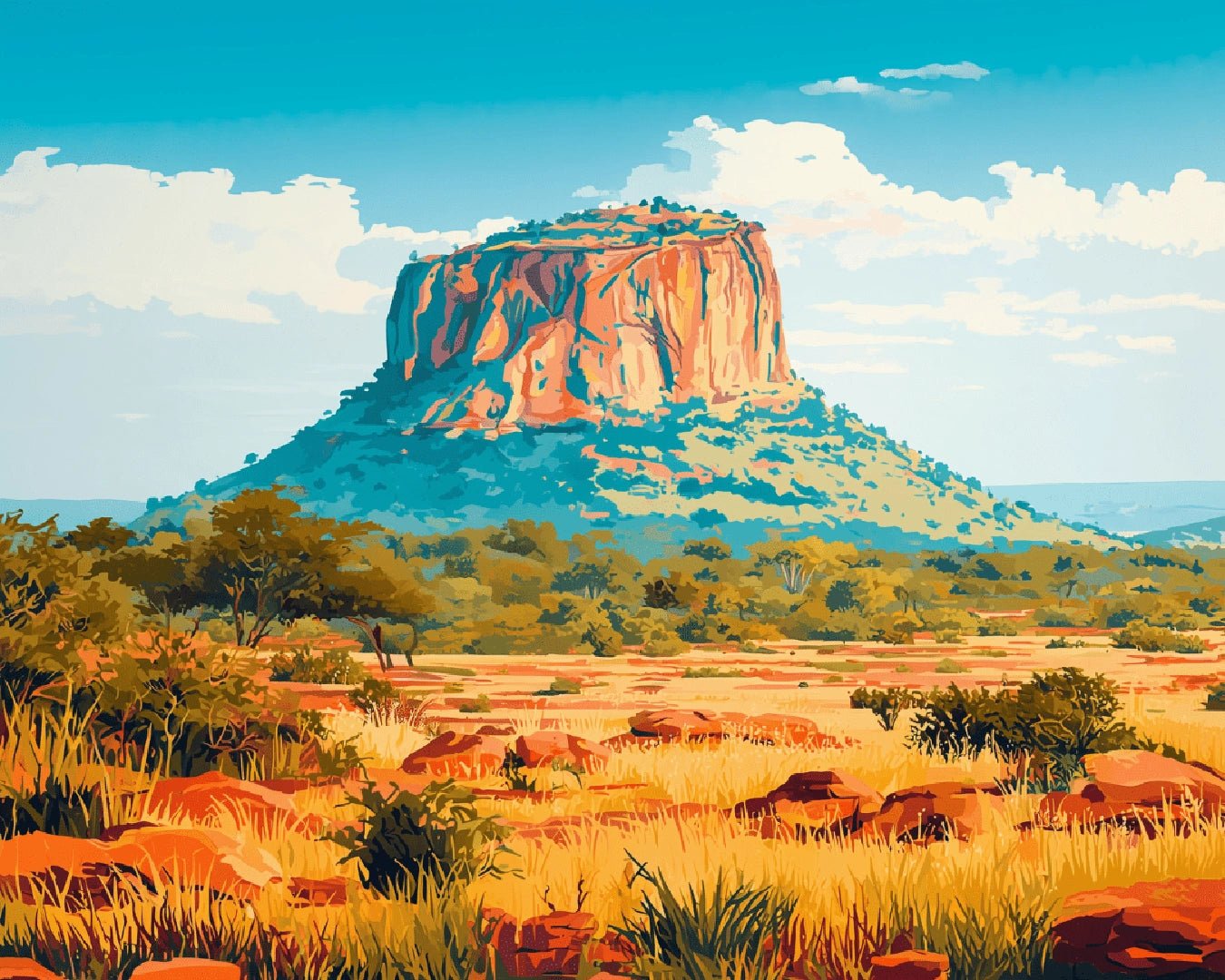 Raw landscape image of Kruger National Park paint by numbers kit showing rocky mesa, open plains and bright sky by Tinta Canvas