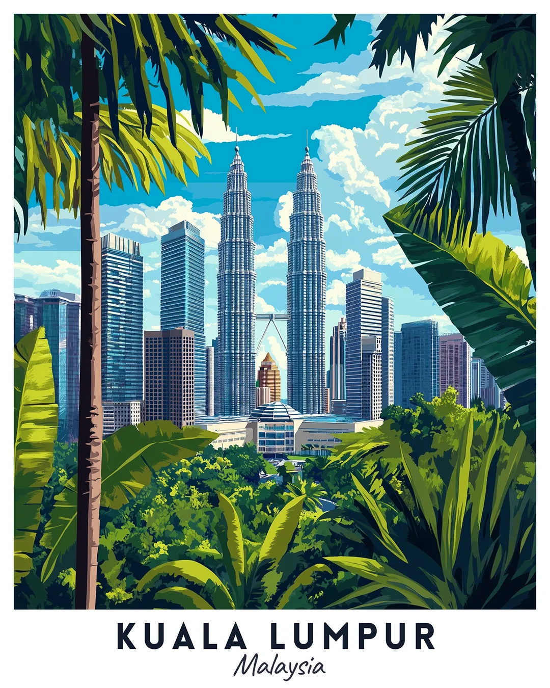 Kuala Lumpur Malaysia paint by numbers canvas featuring the Petronas Twin Towers, city buildings, and lush tropical foliage