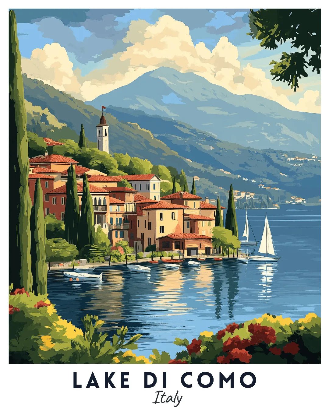 Lake di Como Italy paint by numbers canvas featuring colorful villas, reflective lake water, sailing boats, and Alpine mountain views
