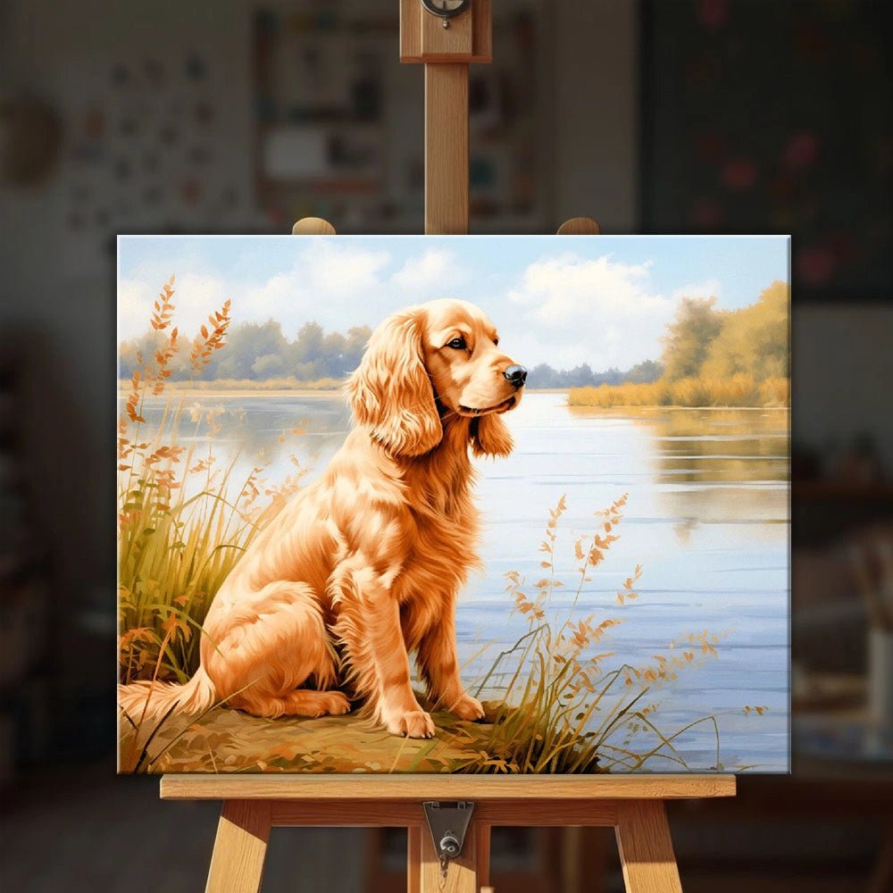 Lakeside Golden paint by numbers kit displayed on easel showing a golden retriever beside a tranquil lake and soft nature scenery by Tinta Canvas