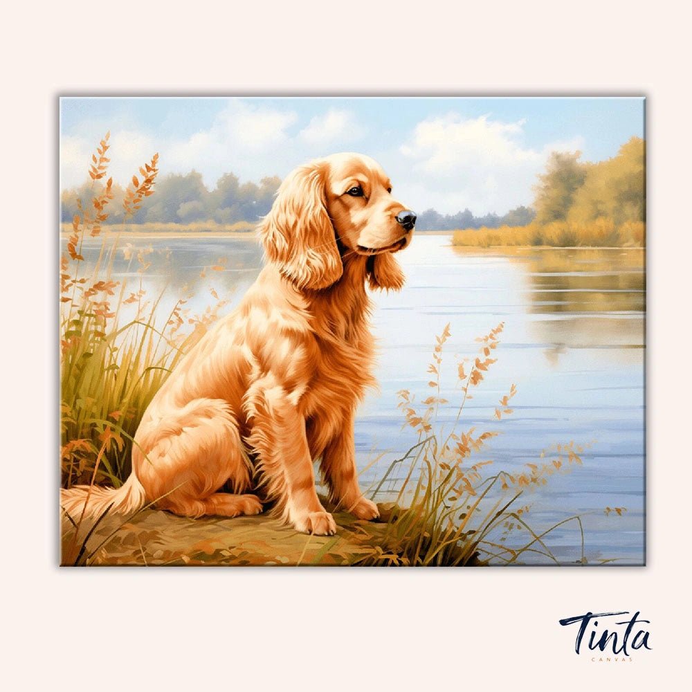 Clean artwork of Lakeside Golden paint by numbers kit featuring a golden retriever sitting peacefully near a quiet reflective lake by Tinta Canvas