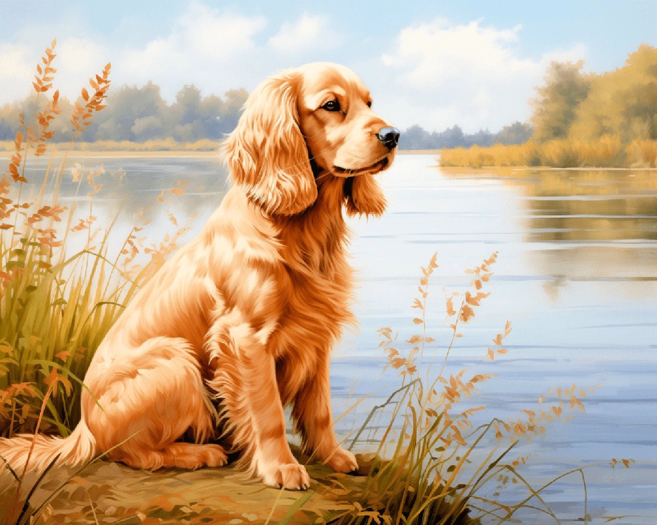 Raw landscape image of Lakeside Golden paint by numbers kit featuring a golden retriever sitting near a peaceful lakeside setting by Tinta Canvas