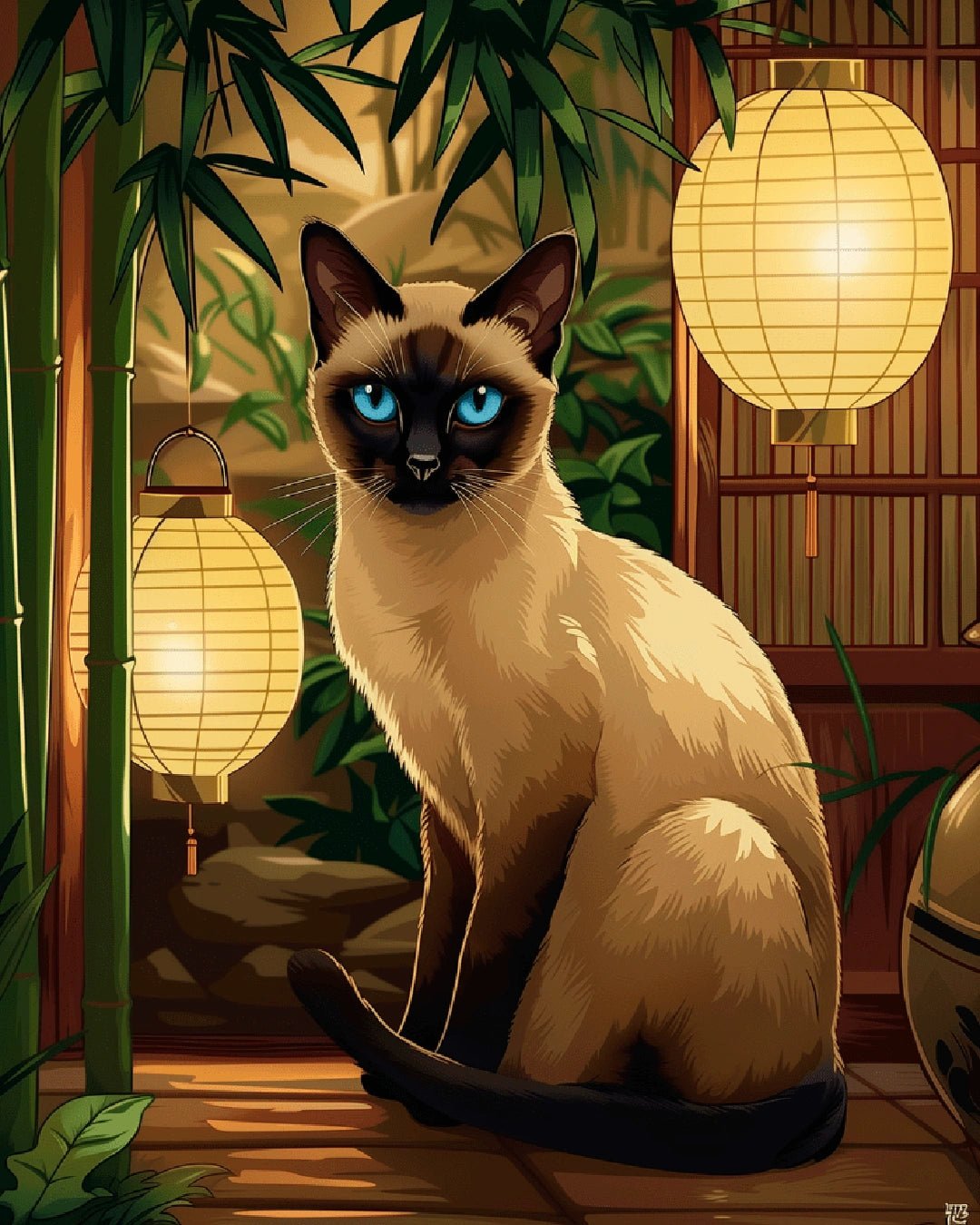 Cat paint by numbers kit canvas painting featuring a peaceful indoor garden scene with glowing lanterns and a seated cat