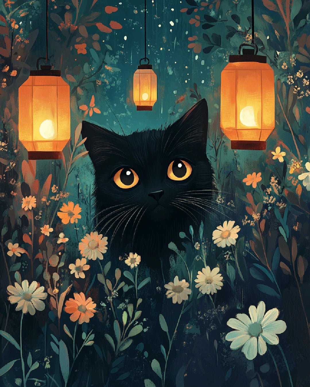 Paint by numbers canvas featuring a black cat surrounded by flowers and hanging lanterns