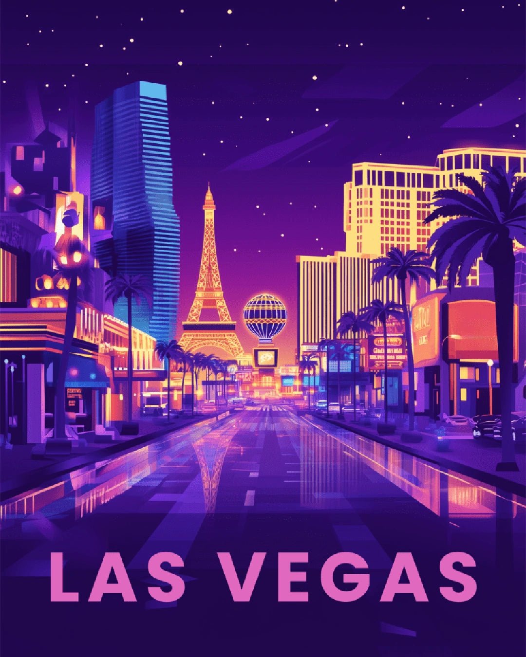 Paint by numbers canvas featuring a neon Las Vegas cityscape with palm trees and night lights