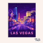 Las Vegas Neon Nights paint by numbers kit artwork featuring glowing neon casinos and palm trees along the Vegas strip by Tinta Canvas