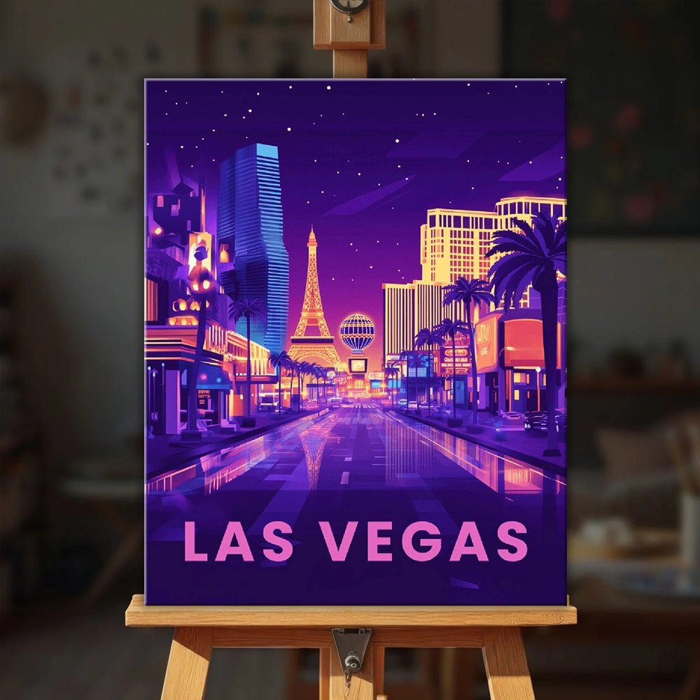 Las Vegas Neon Nights paint by numbers kit displayed on an easel in a stylish room showing finished neon city painting by Tinta Canvas