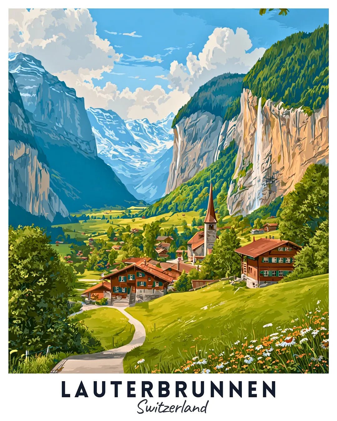 Lauterbrunnen Switzerland paint by numbers canvas showing alpine valley scenery with chalets, winding paths, steep cliffs, and snow-capped mountains