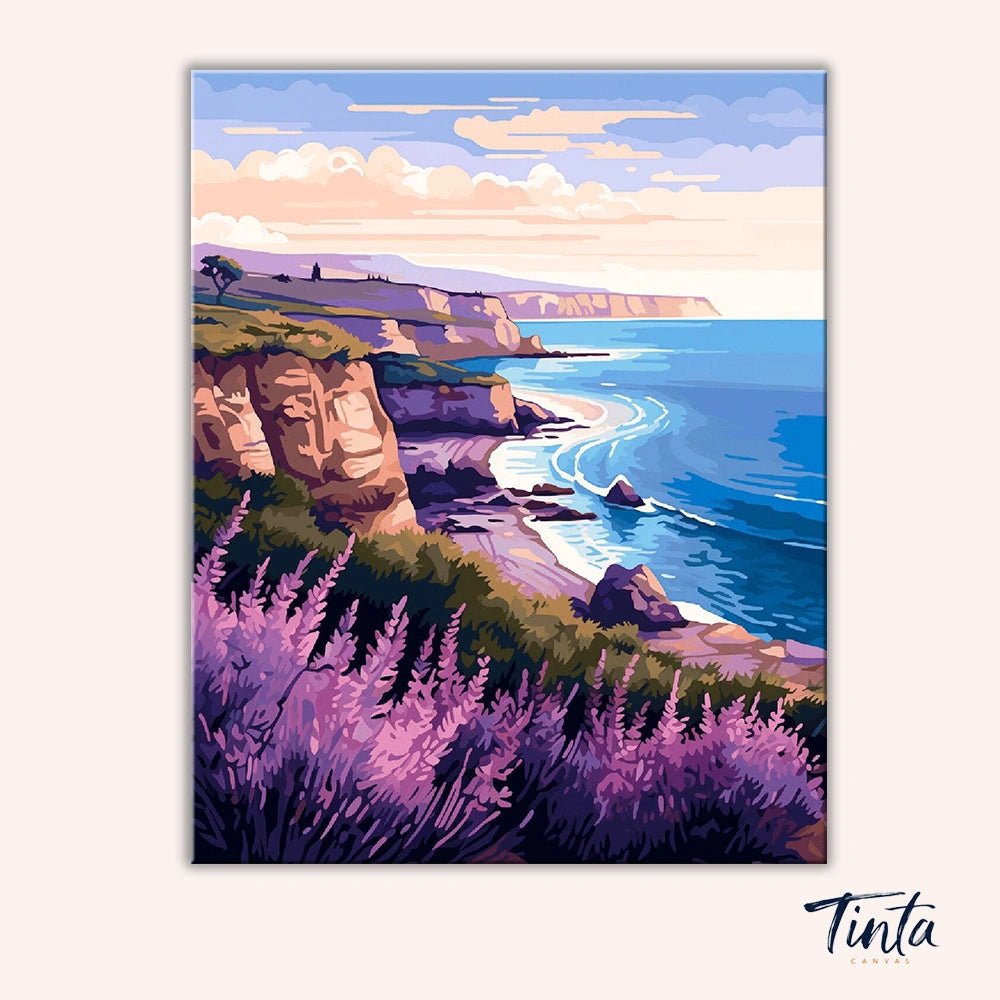 Clean artwork of Lavender Coastline Calm paint by numbers kit featuring ocean waves and sunset sky by Tinta Canvas