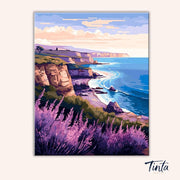 Clean artwork of Lavender Coastline Calm paint by numbers kit featuring ocean waves and sunset sky by Tinta Canvas